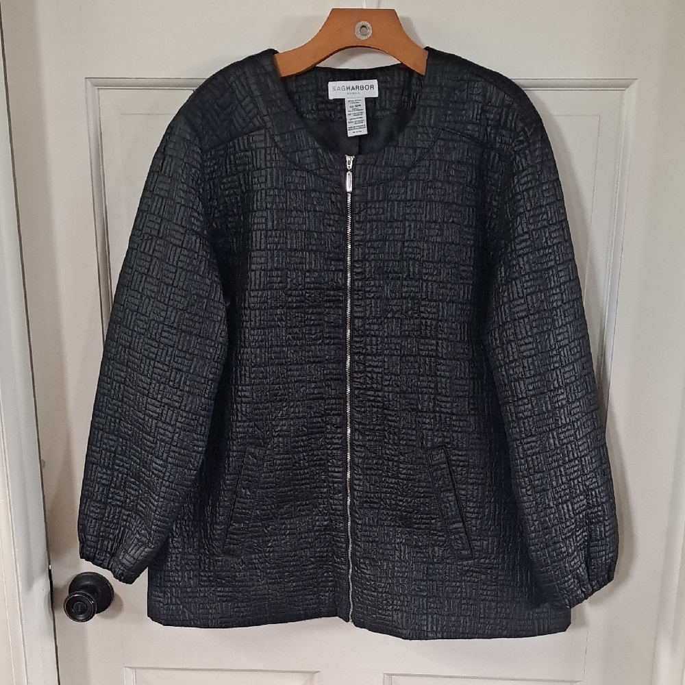 Sag Harbor Sleek Blk Quilted Textured Zip Up Lightweight Chic Dressy Jacket